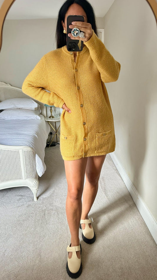 Marks & Spencer vintage mustard yellow mohair blend cardigan dress large UK 12 vgc w25