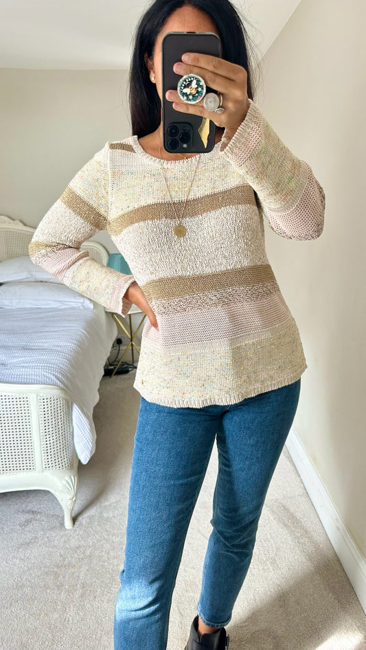 Des petit haute gold pink stripe lightweight knitted jumper small UK 8-10 vgc w25
