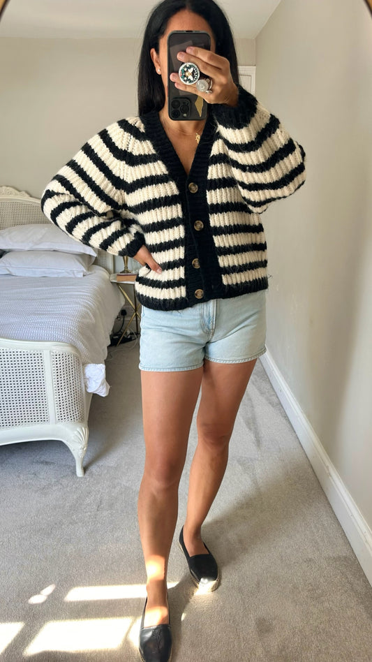 Zara cream black knitted jumper cardigan stripe wool blend small UK 8-10 vgc w25