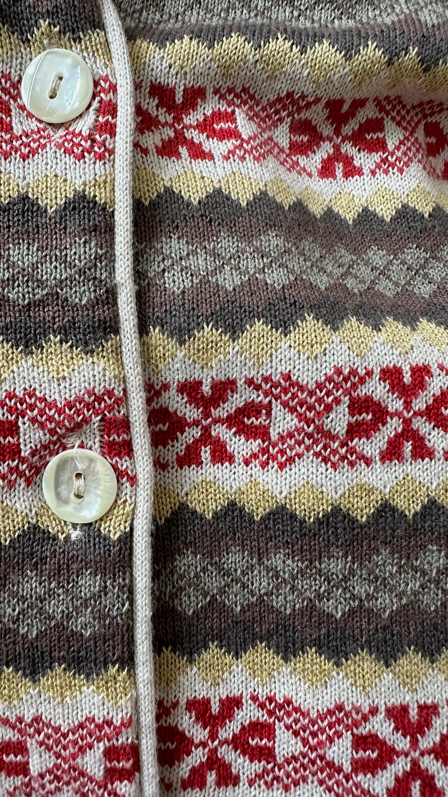 Warehouse red beige fairisle print cardigan knitted jumper small UK 8 vgc w25