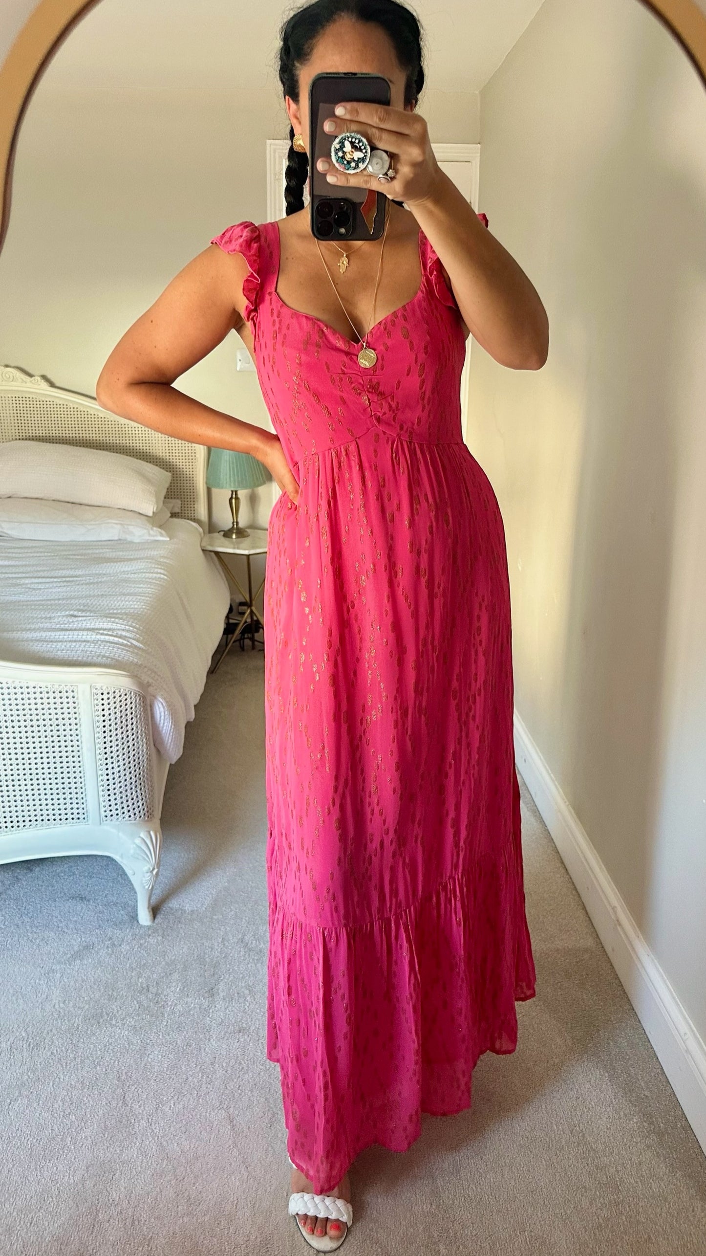 Mint velvet fuchsia pink and gold polka dot wedding guest dress medium large UK 10-12 vgc