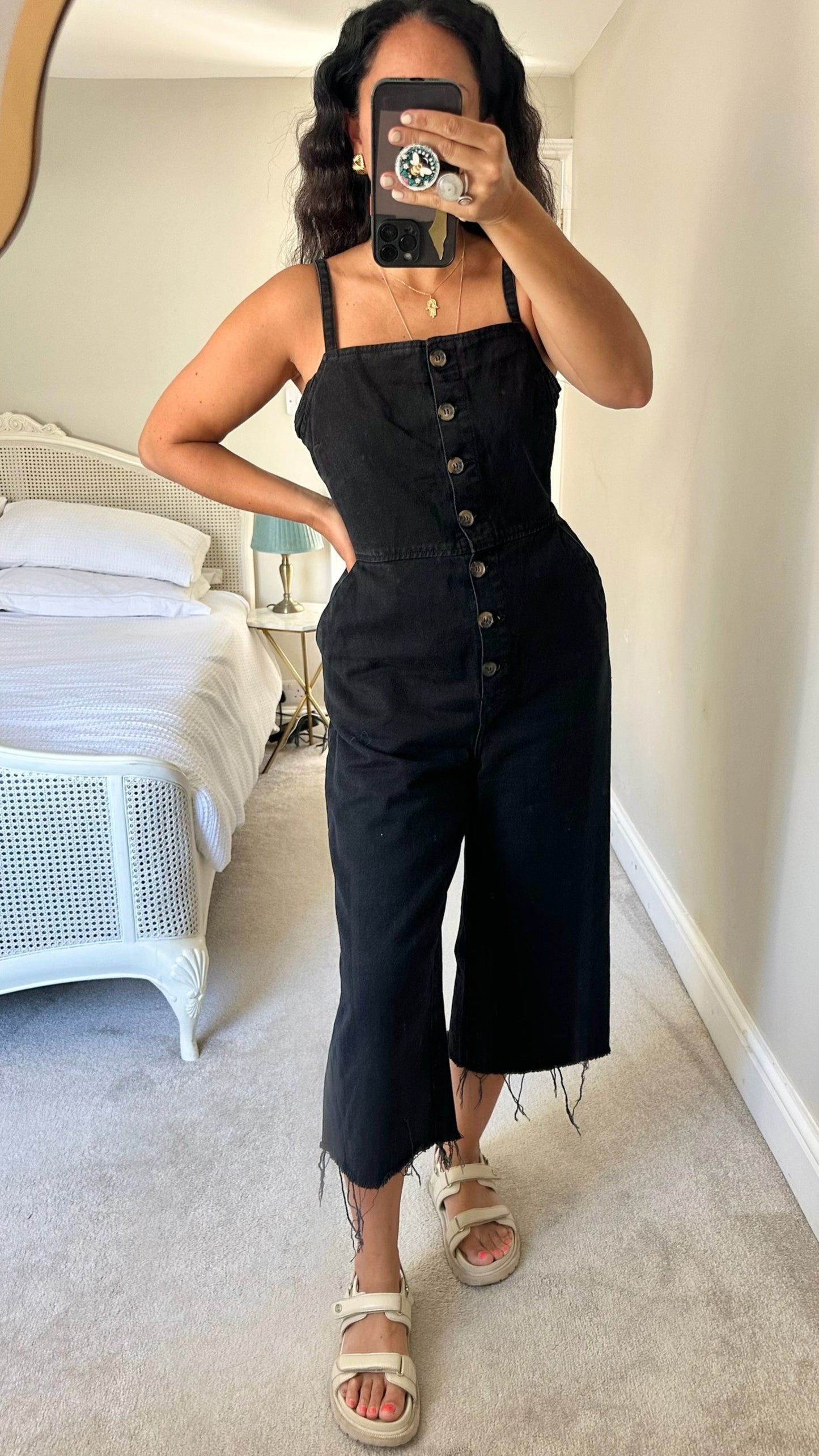 Topshop black button up cropped dungarees extra large UK 14 vgc