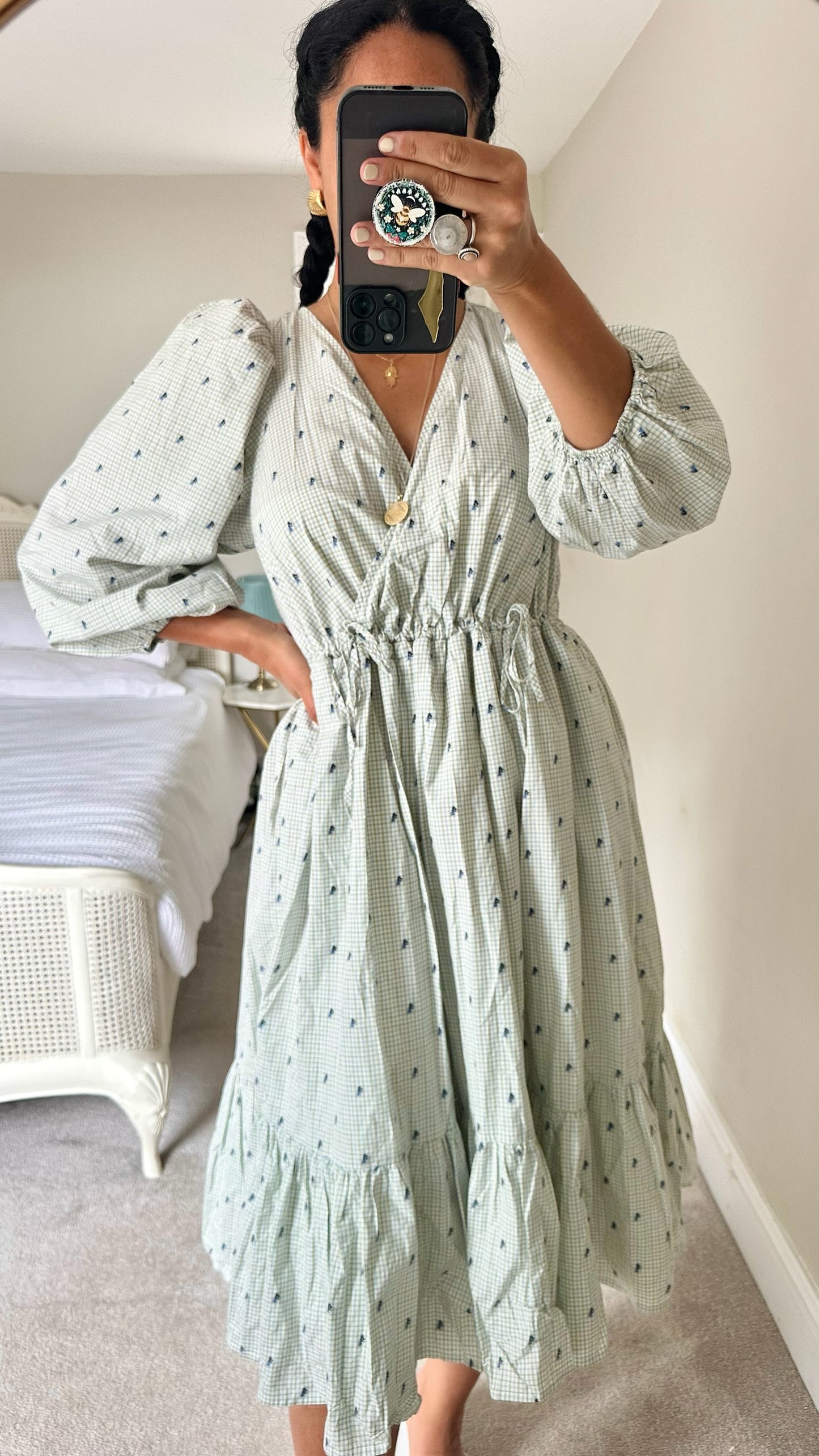 & other stories mint green blue gingham embroidered dress medium UK 10-12 vgc bnwt