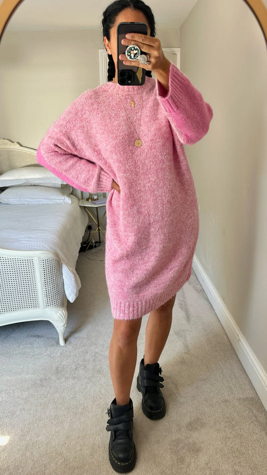Oliver bonas soft pink rose knitted jumper dress wool blend large UK 12-14 vgc w25