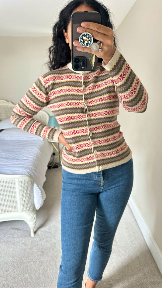 Warehouse red beige fairisle print cardigan knitted jumper small UK 8 vgc w25