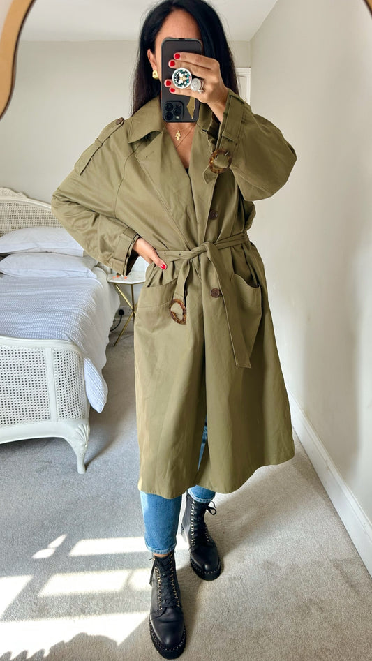 Whistles khaki green trench coat mac  jacket large UK 12 vgc w25