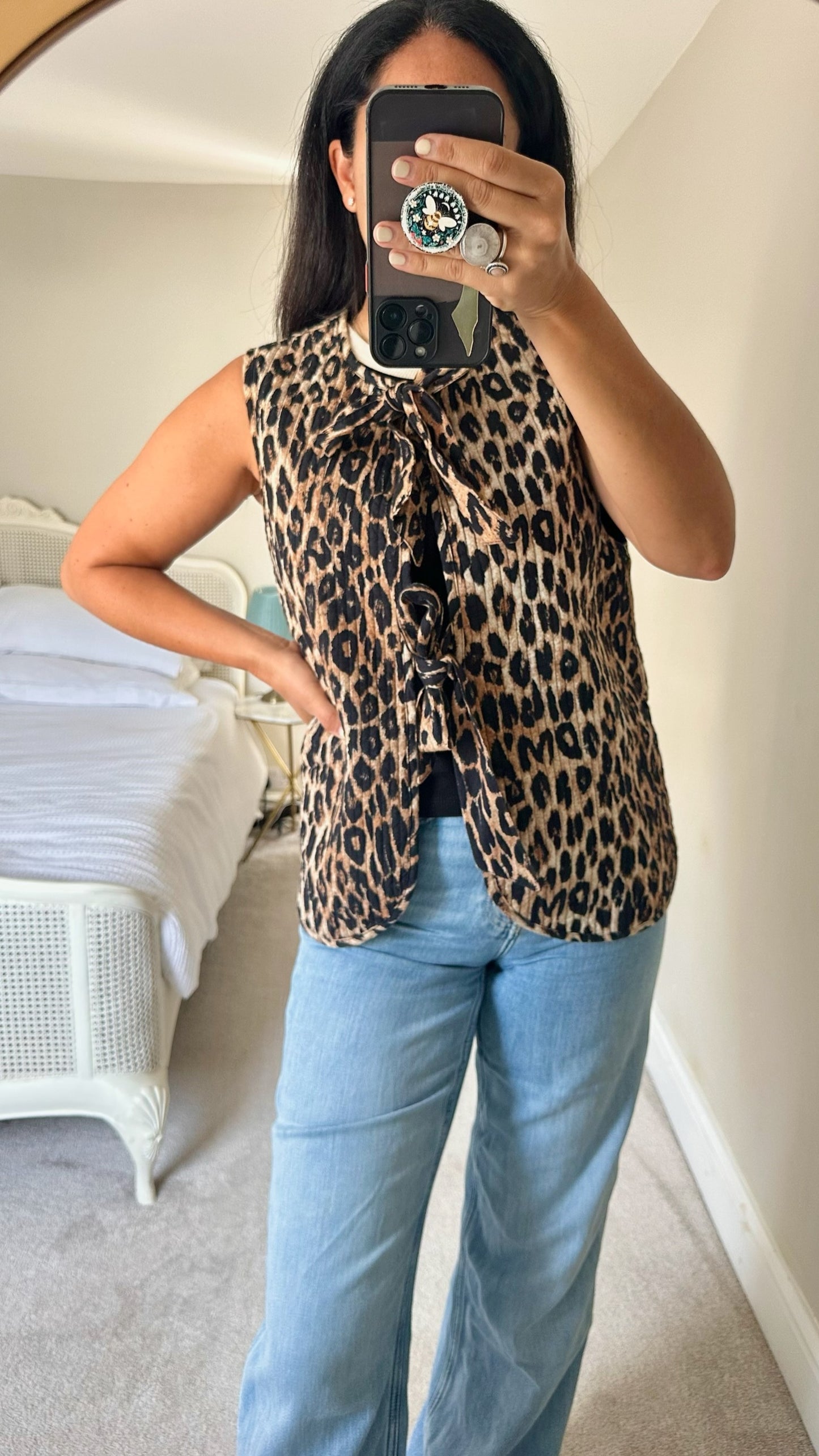 Damson madder leopard print tie front quilted animal waistcoat extra large UK 14 vgc