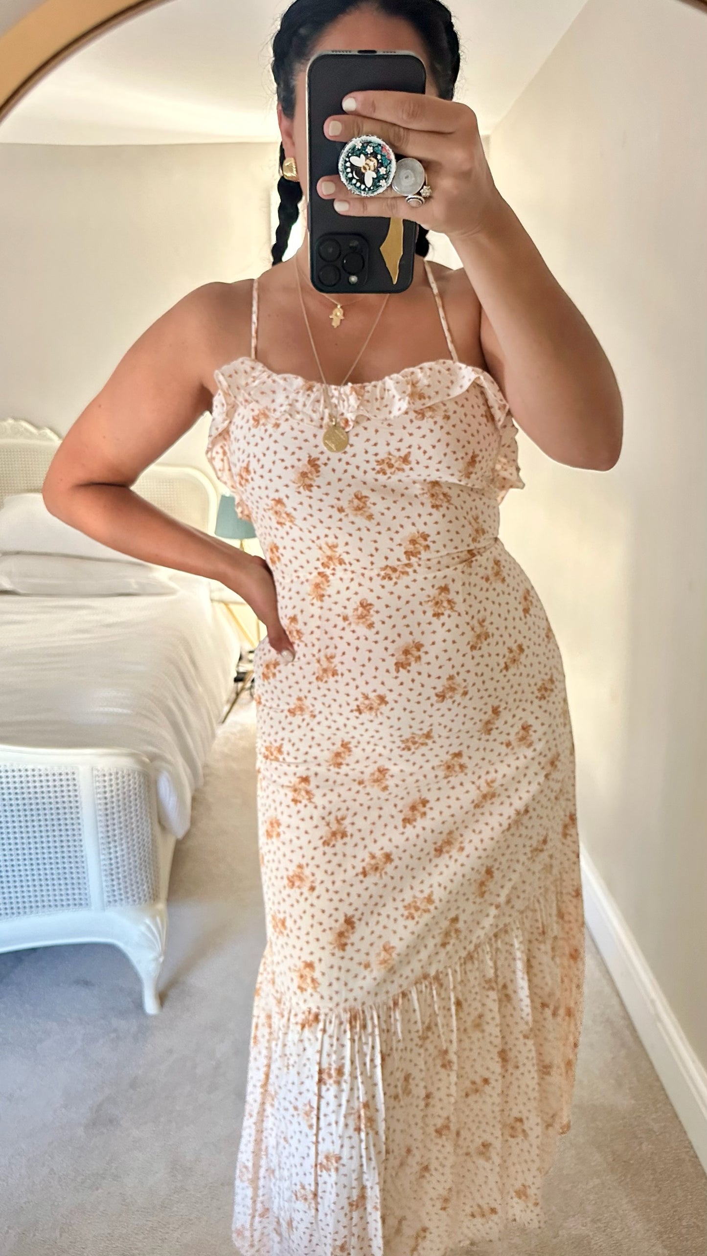& other stories cream apricot orange floral mid length wedding guest dress small UK 8 vgc