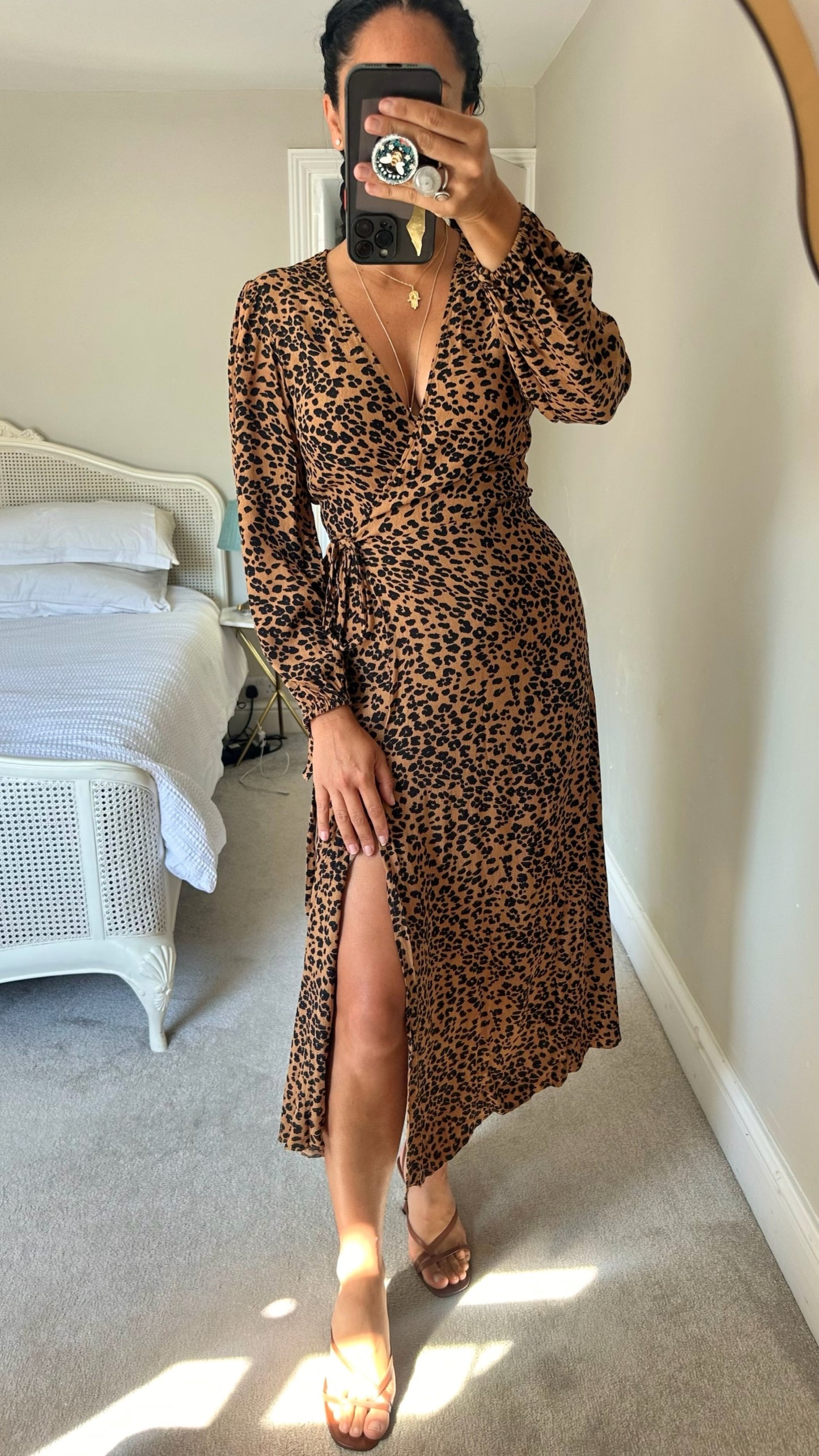 & other stories beige black leopard animal wrap midi dress small UK 8 vgc w25