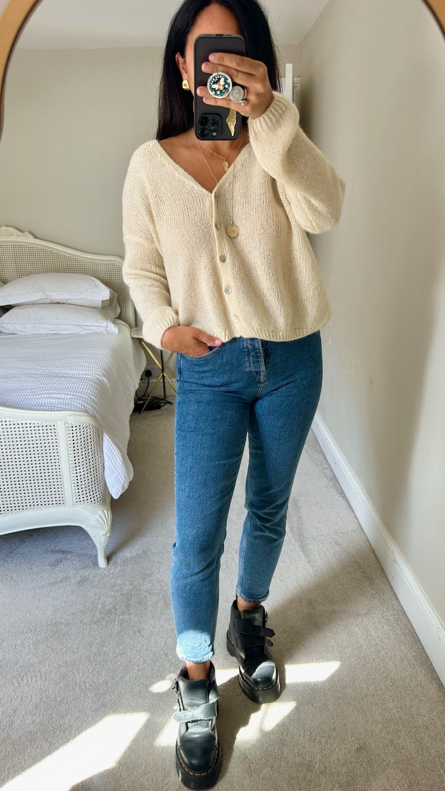 Colette french cream knitted mohair alpaca wool blend cardigan jumper large UK 12 vgc w25