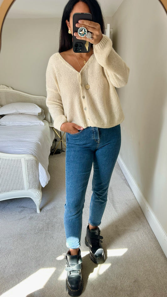 Colette french cream knitted mohair alpaca wool blend cardigan jumper large UK 12 vgc w25