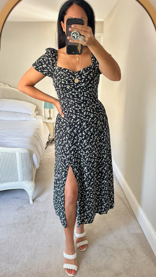 & other stories black daisy print side split dress medium UK 10-12 vgc