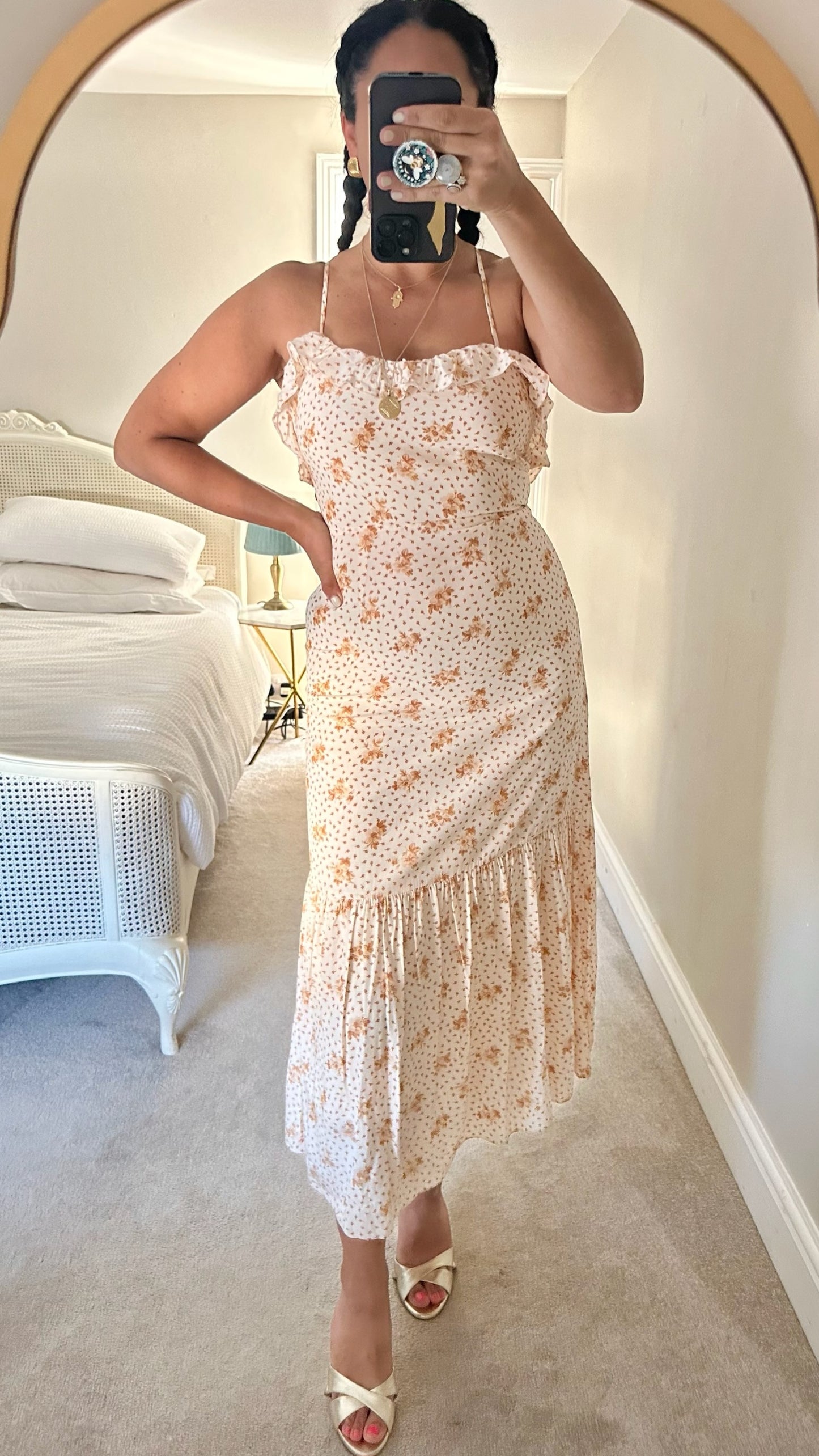 & other stories cream apricot orange floral mid length wedding guest dress small UK 8 vgc