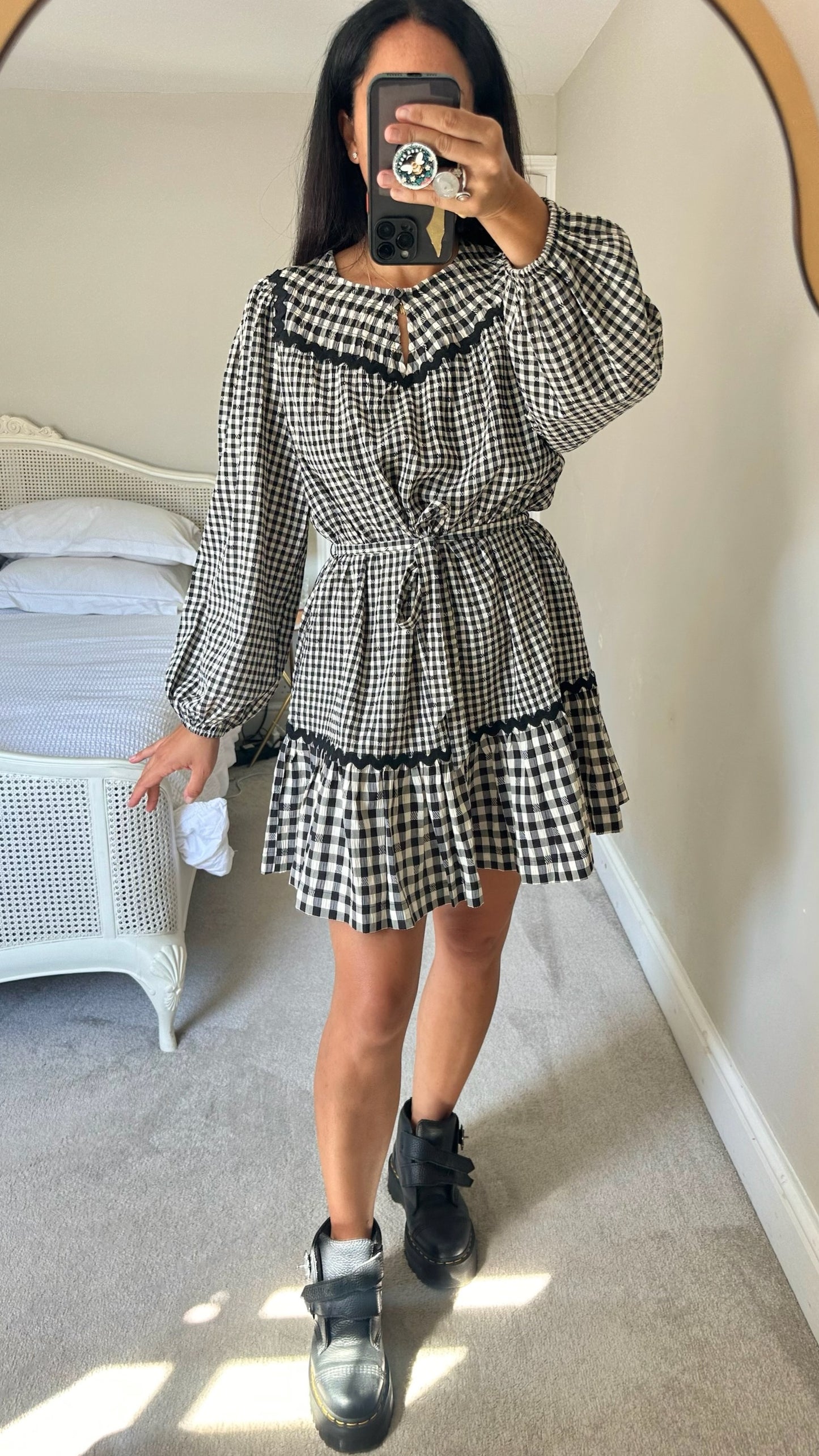 Oliver bonas black cream gingham check mini dress mini mediun UK 10 vgc w25