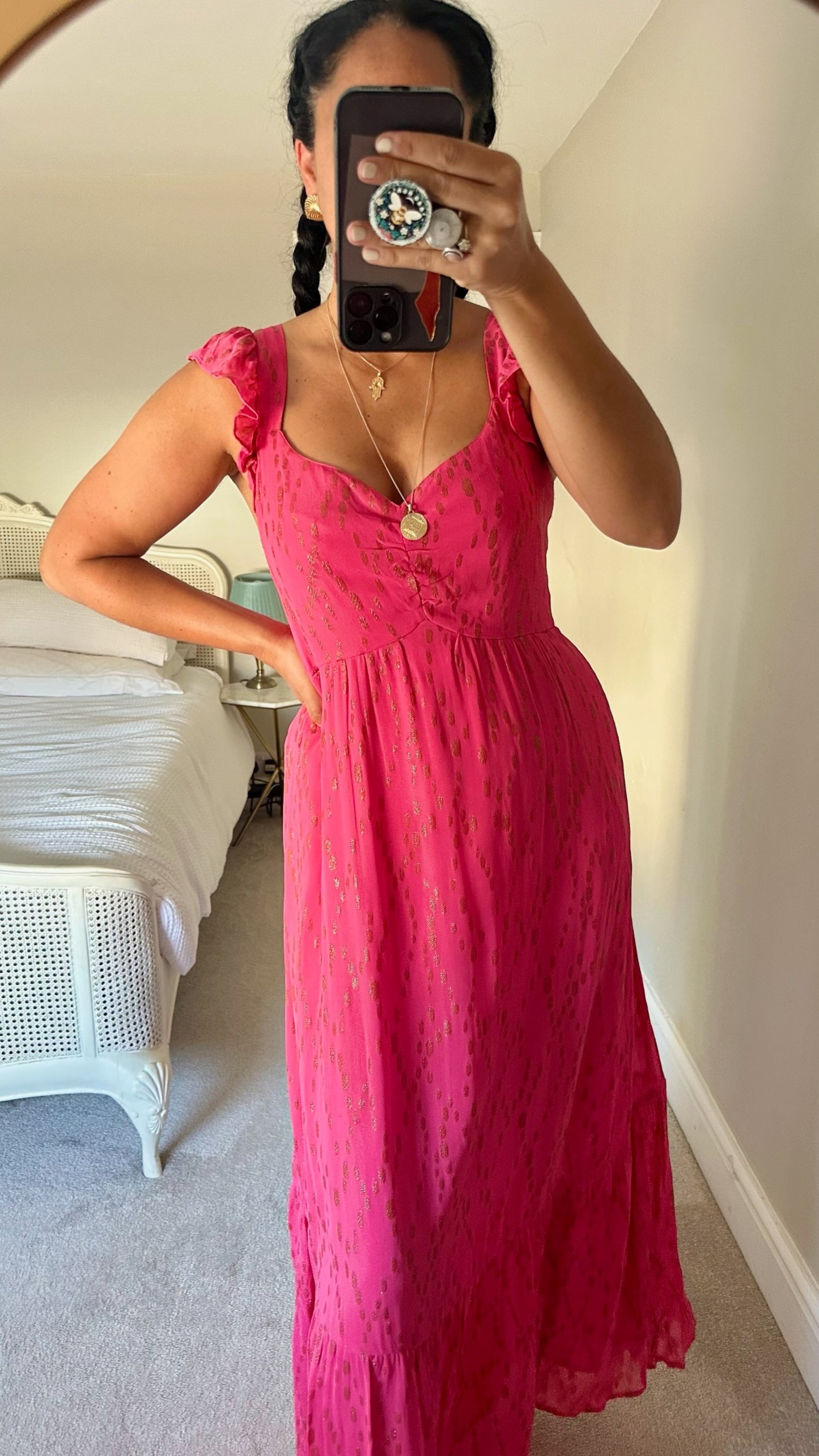 Mint velvet fuchsia pink and gold polka dot wedding guest dress medium large UK 10-12 vgc