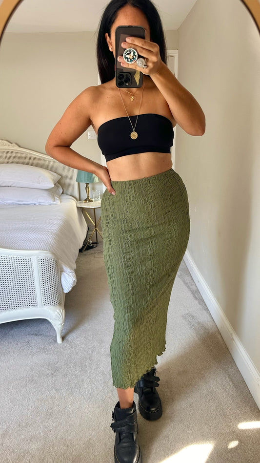 Topshop khaki olive green crinkle midi maxi long skirt medium UK 10 vgc w25