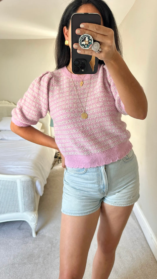 Oliver bonas pink lilac scalloped knitted three quarter 3/4 length jumper top small UK 8 vgc