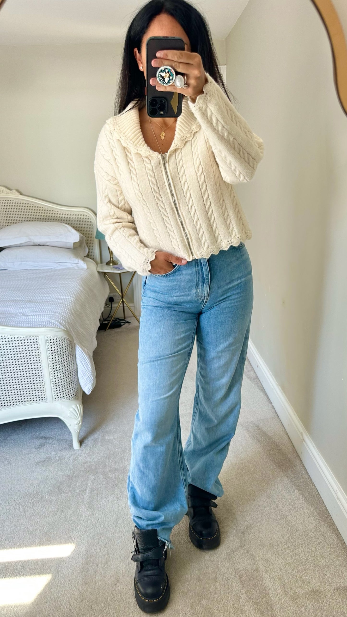 Olive white cream cable knit collared cardigan jumper large UK 12 vgc w25