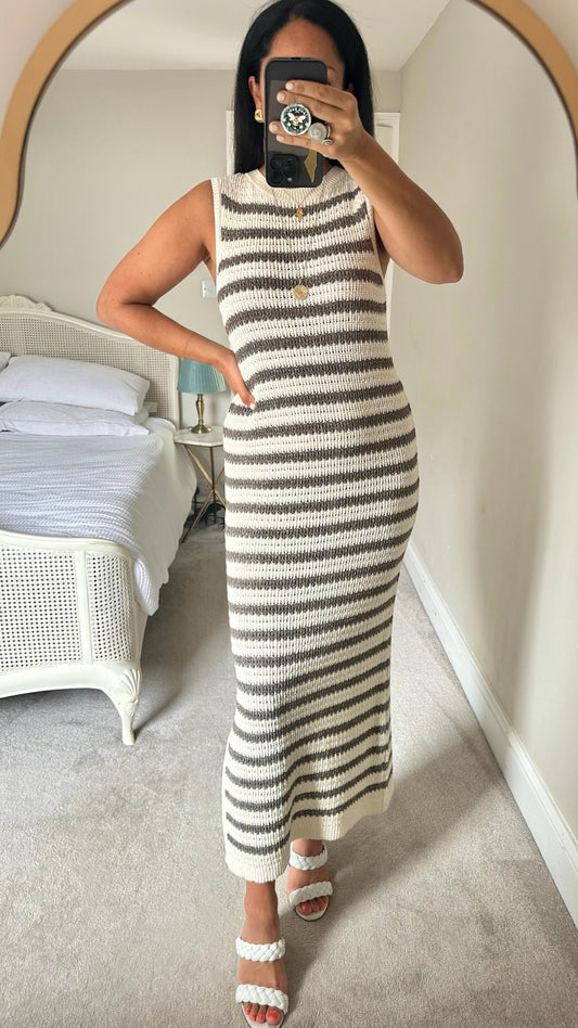 Marks & Spencer mink cream stripe crochet knitted holiday dress medium UK 10-12 vgc
