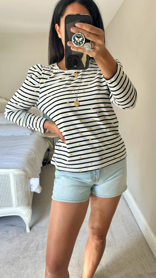 Boden black white polka dot gold stripe t-shirt top large UK 14-16 vgc w25