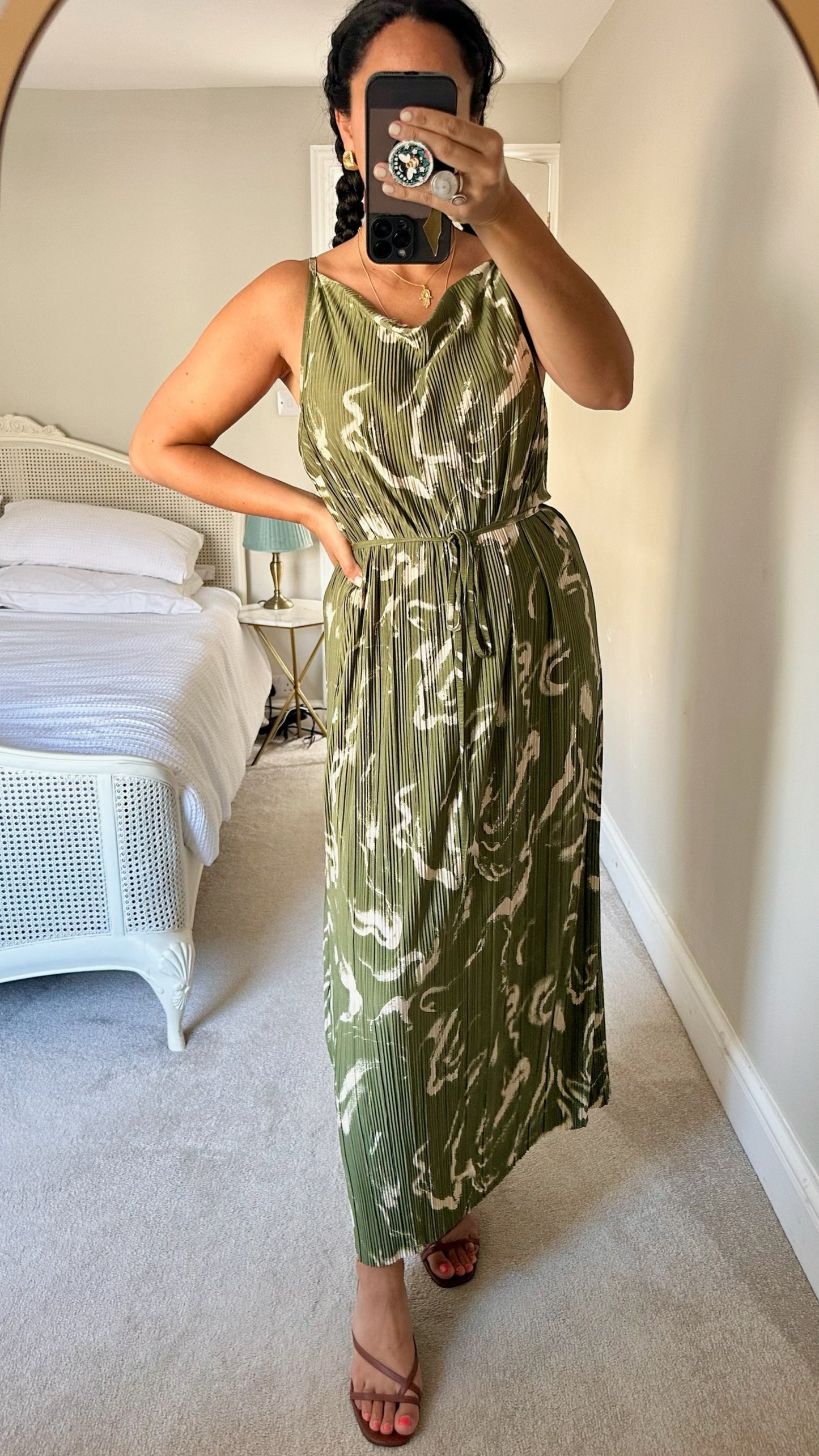 Selected femme @ Anthropologie olive khaki green cream maxi holiday dress extra large UK 14-16 vgc