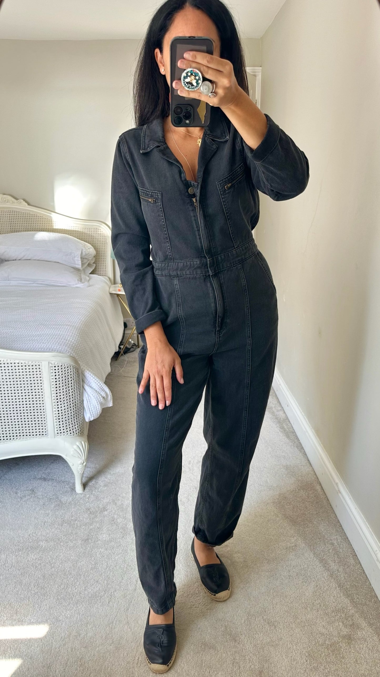 Oliver bonas black boiler suit jumpsuit trouser suit jeans denim small UK 8 vgc