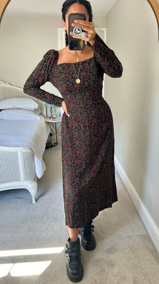 Nobody's child black red green cherry print midi dress extra large UK 12 14 vgc w25