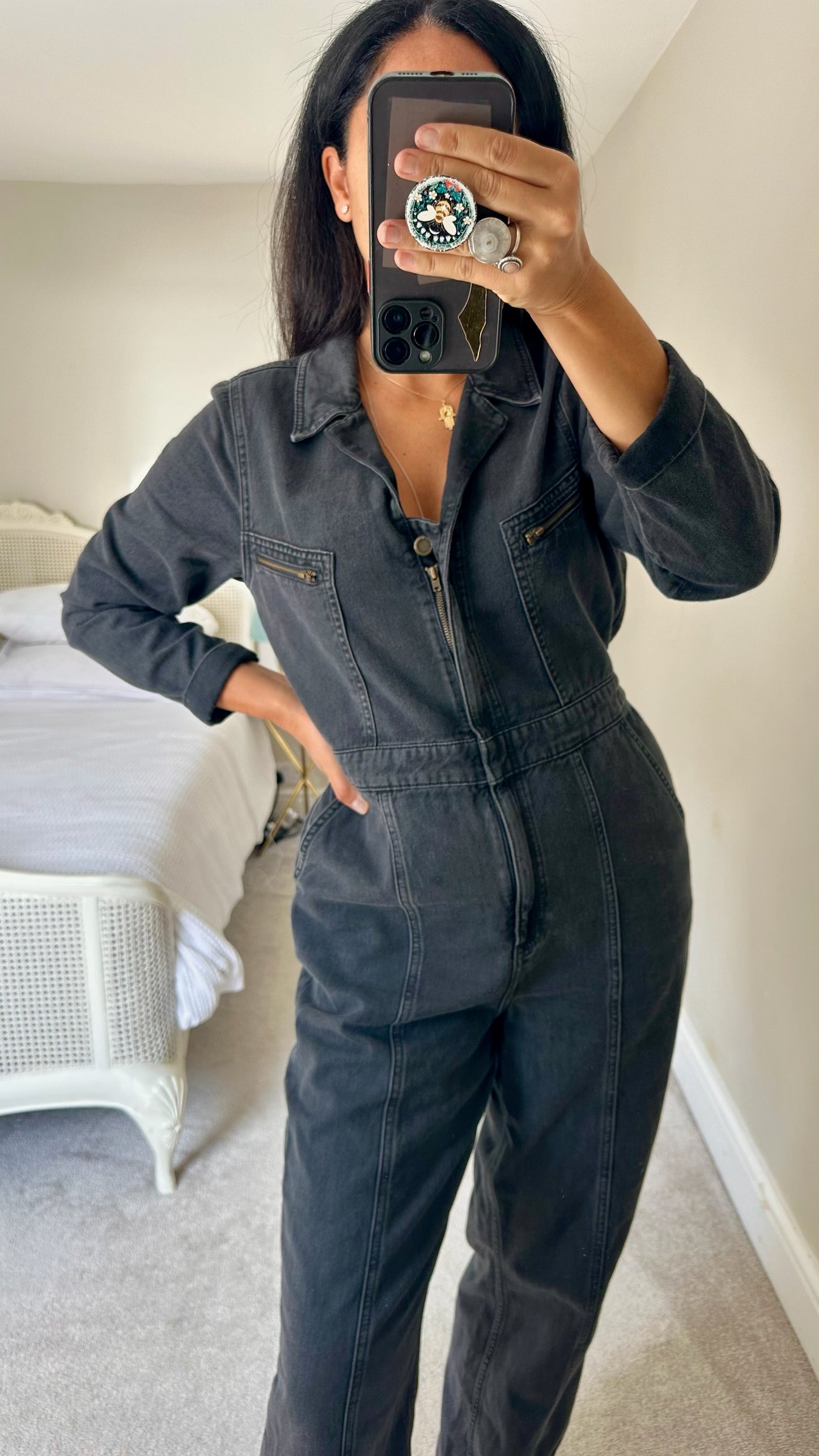 Oliver bonas black boiler suit jumpsuit trouser suit jeans denim small UK 8 vgc