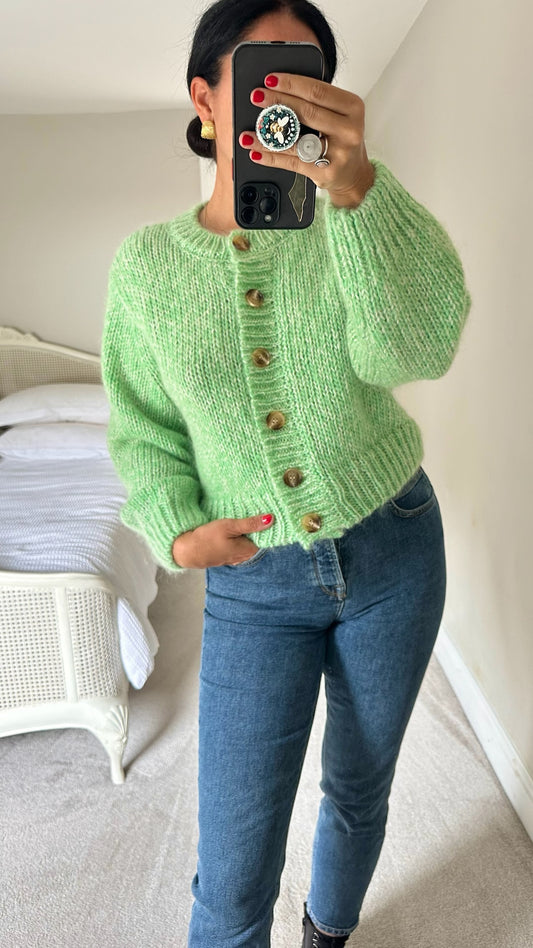 Selected Femme @ Anthropologie Green lime mohair wool knitted cardigan jumper medium UK 10 new bnwot w25