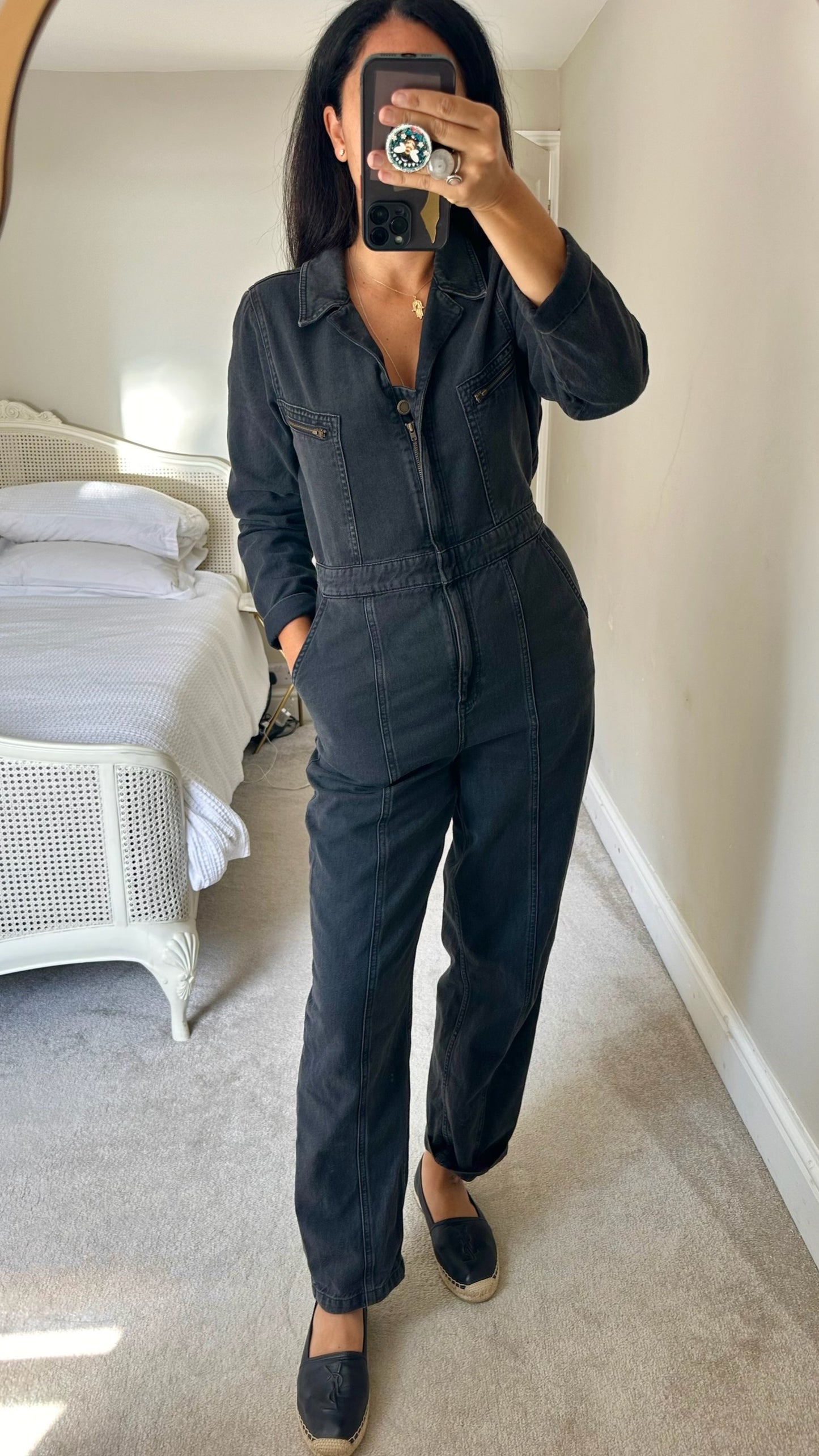 Oliver bonas black boiler suit jumpsuit trouser suit jeans denim small UK 8 vgc