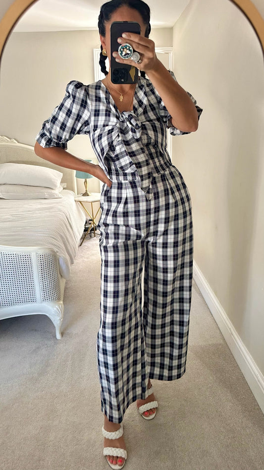 Somerset by Alice Temperley navy blue and white gingham check jumpsuit playsuit small medium UK 8-10 vgc