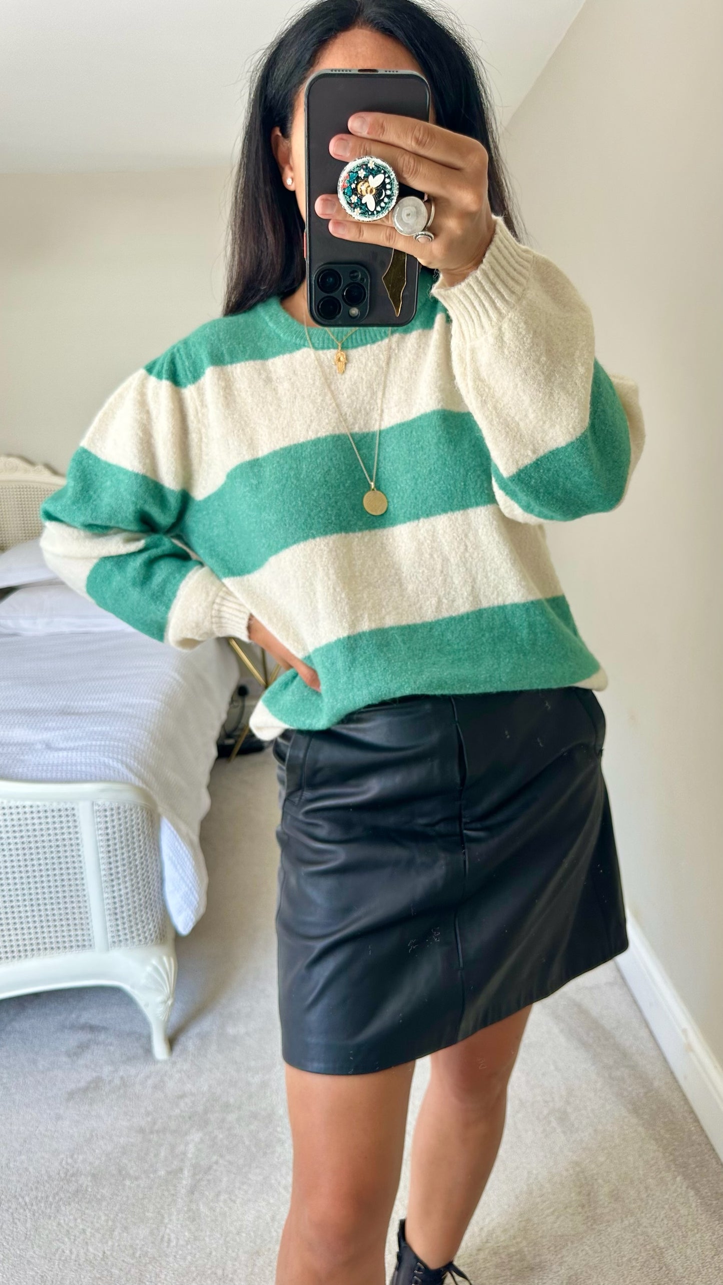 ICHI emerald green cream stripe knitted jumper extra large UK 14 vgc w25