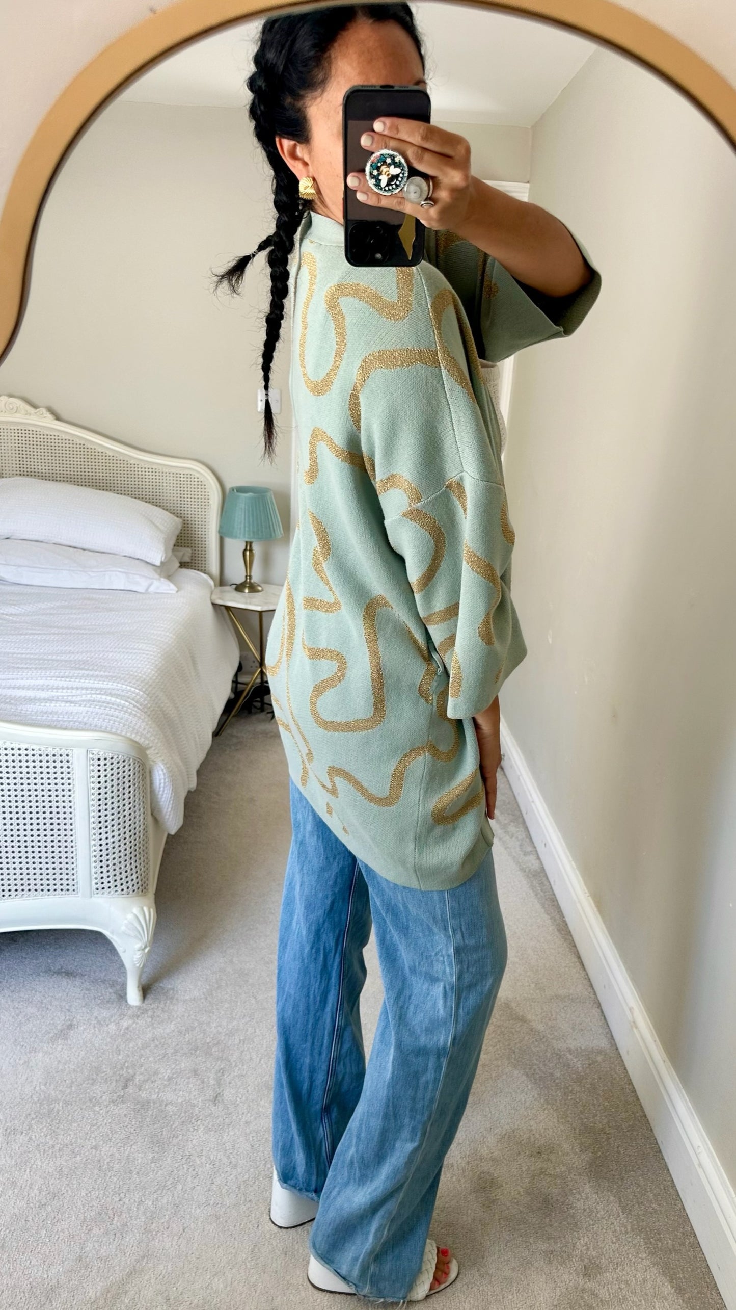 Selected Femme @ Anthropologie turquoise gold squiggle cardigan one size vgc