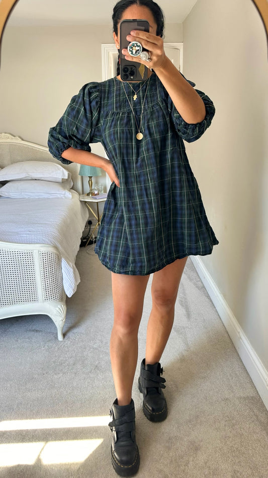 & other stories navy blue green gingham check mini dress petite medium UK 10-12 vgc w25