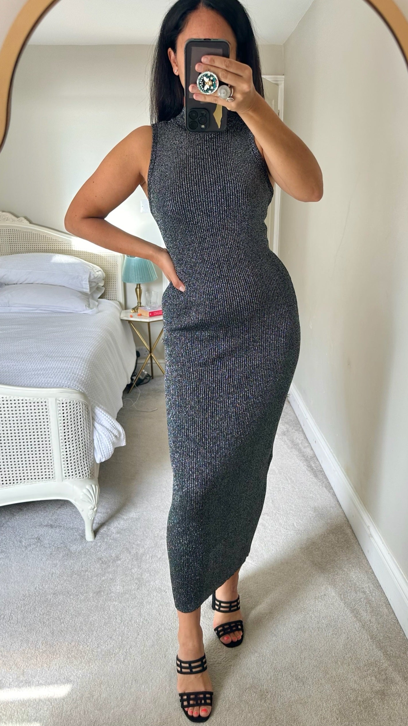 & other stories black silver metallic knitted maxi event dress medium UK 10 vgc w25