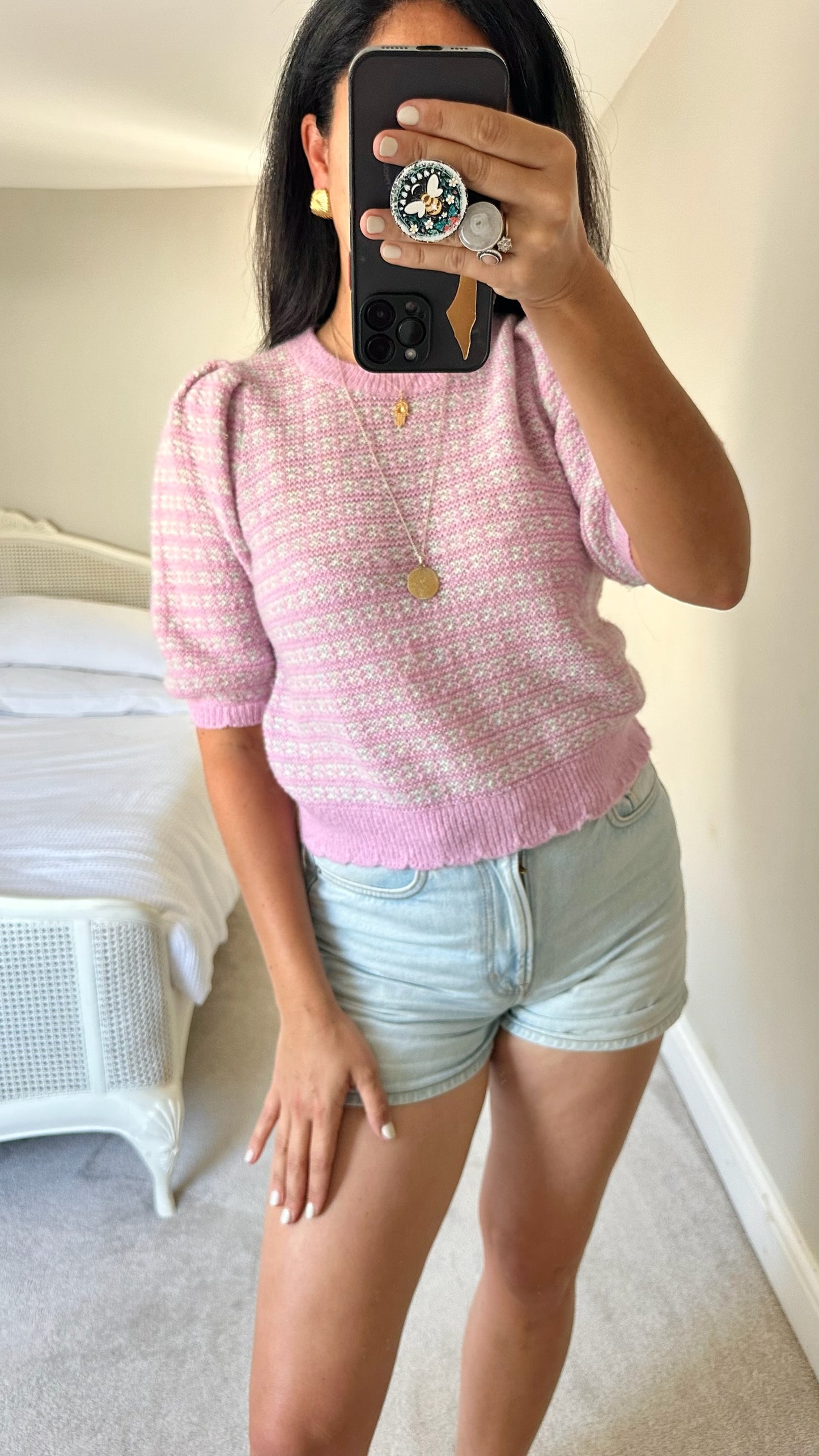 Oliver bonas pink lilac scalloped knitted three quarter 3/4 length jumper top small UK 8 vgc