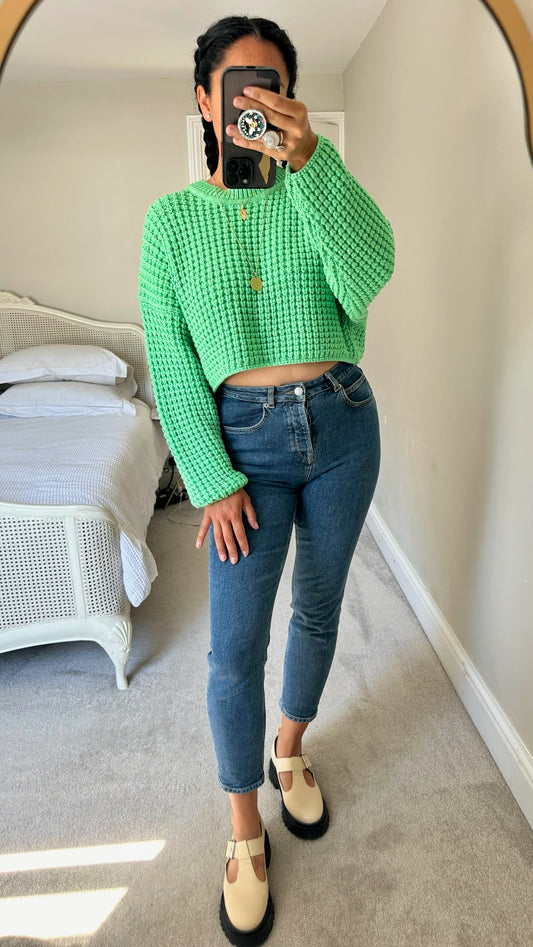 Zara bright green knitted cropped casual jumper small UK 8 vgc w25