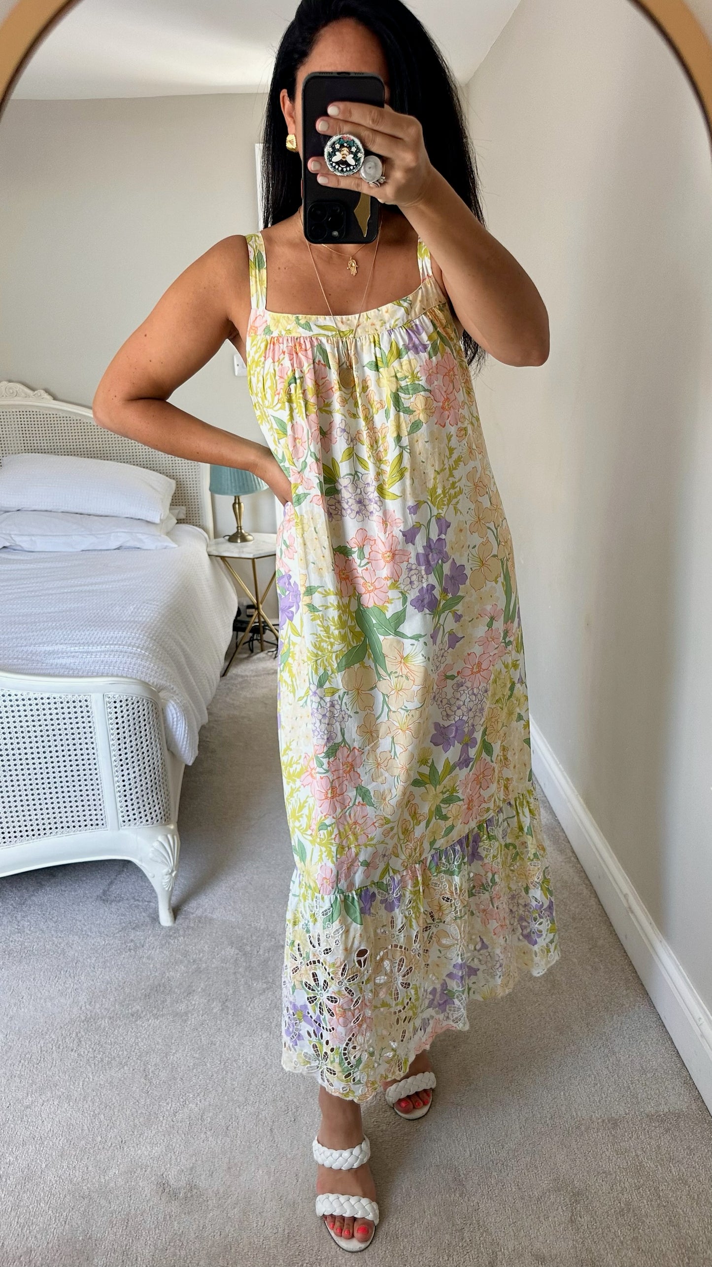 Nobody’s child yellow lilac maxi broderie anglaise holiday dress extra large small UK 8 14 vgc