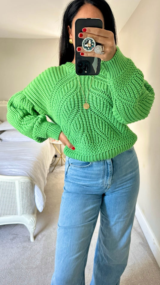 Topshop pea green chunky knit jumper small UK 8-10 vgc w25