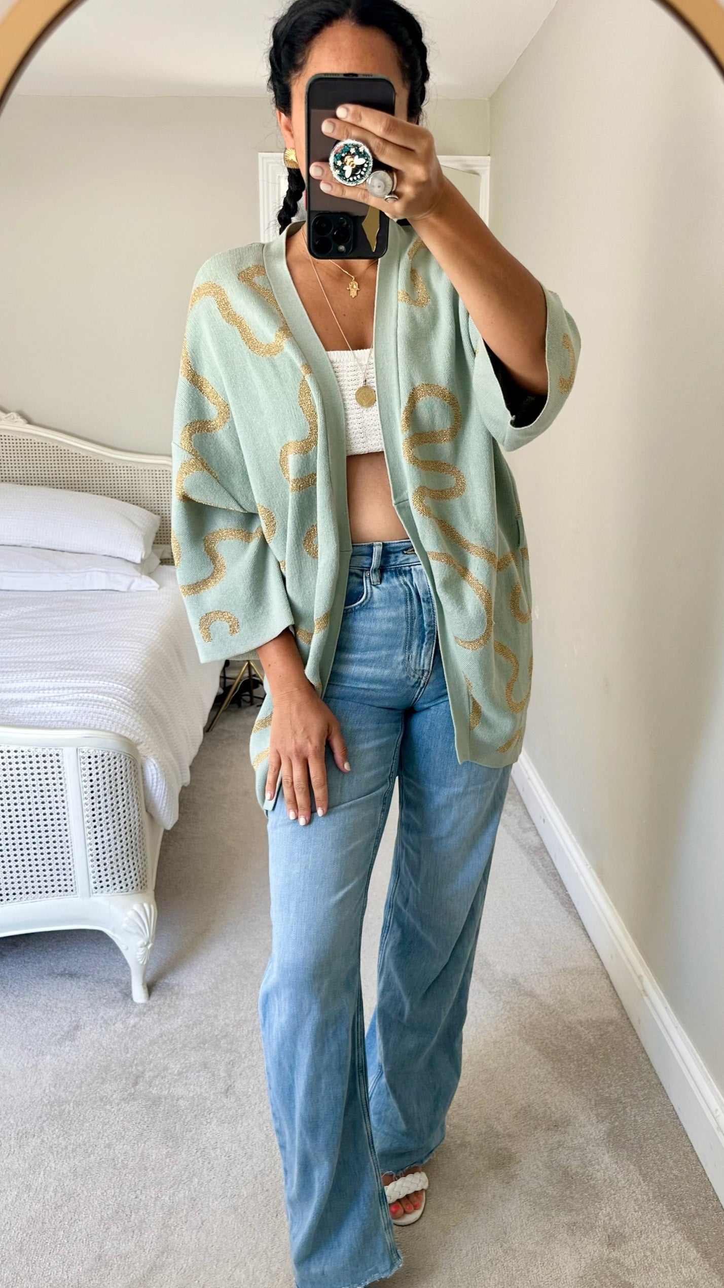 Selected Femme @ Anthropologie turquoise gold squiggle cardigan one size vgc