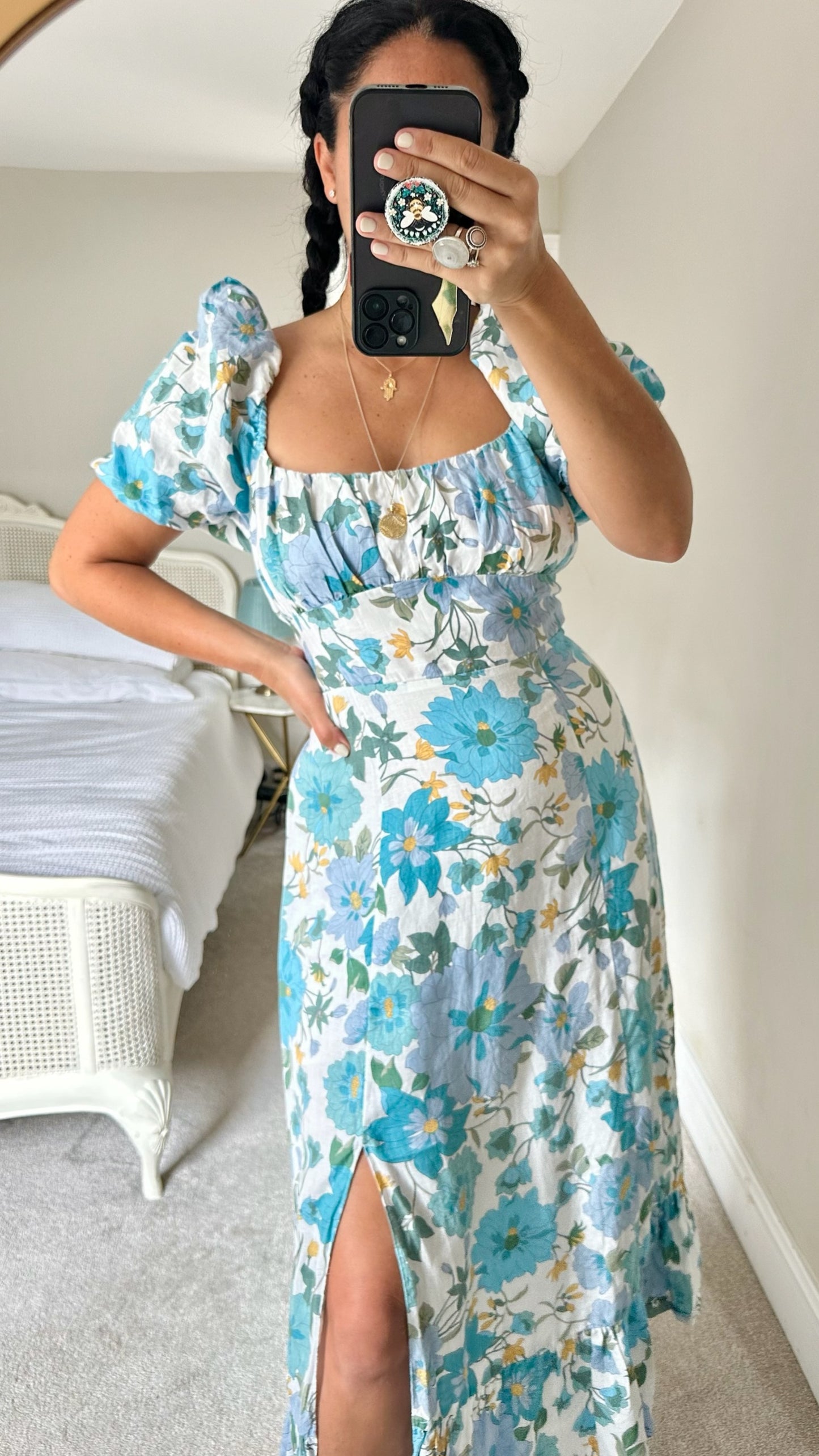 & other stories floral pure linen blue white yellow wedding guest dress small large UK 8 10 16 vgc