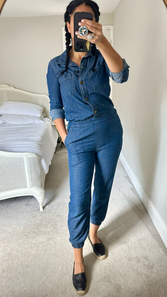 HUSH navy blue denim jumpsuit boiler suit small UK 8 vgc