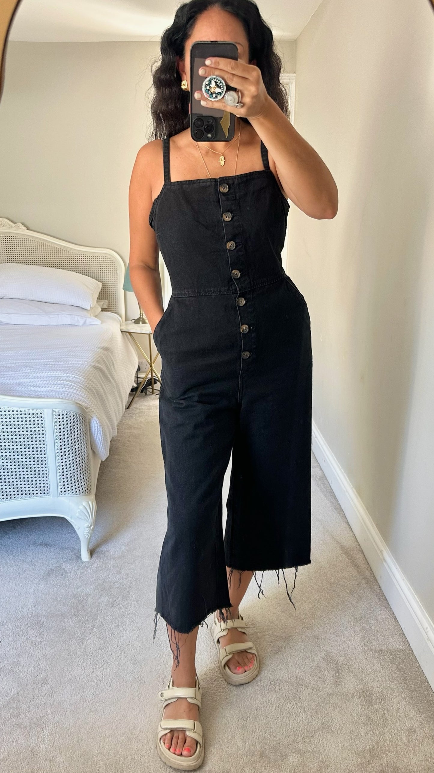 Topshop black button up cropped dungarees extra large UK 14 vgc