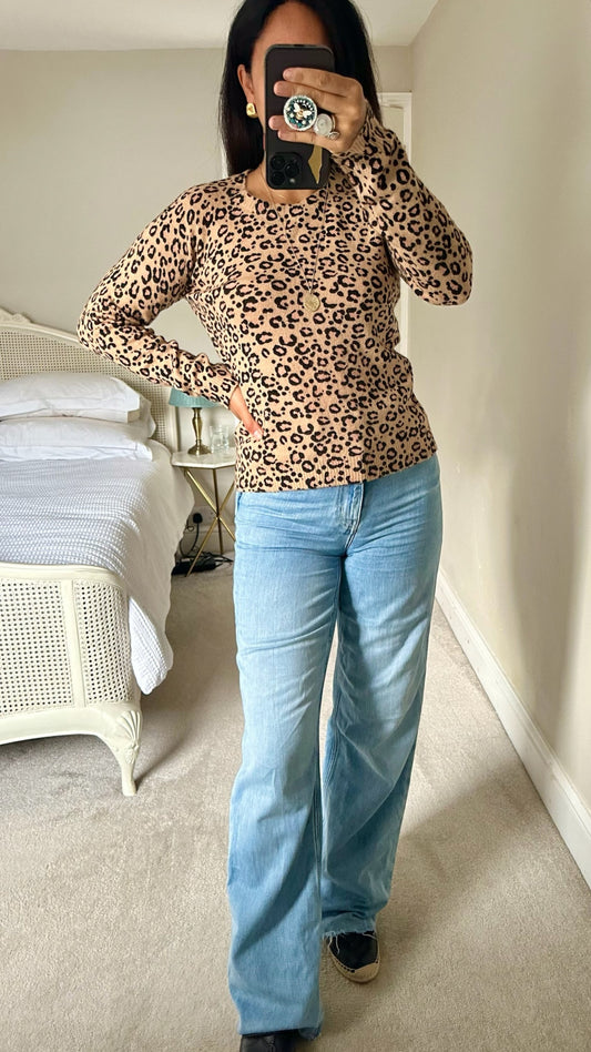 Oliver bonas beige black animal print leopard knitted jumper medium UK 10 vgc w25