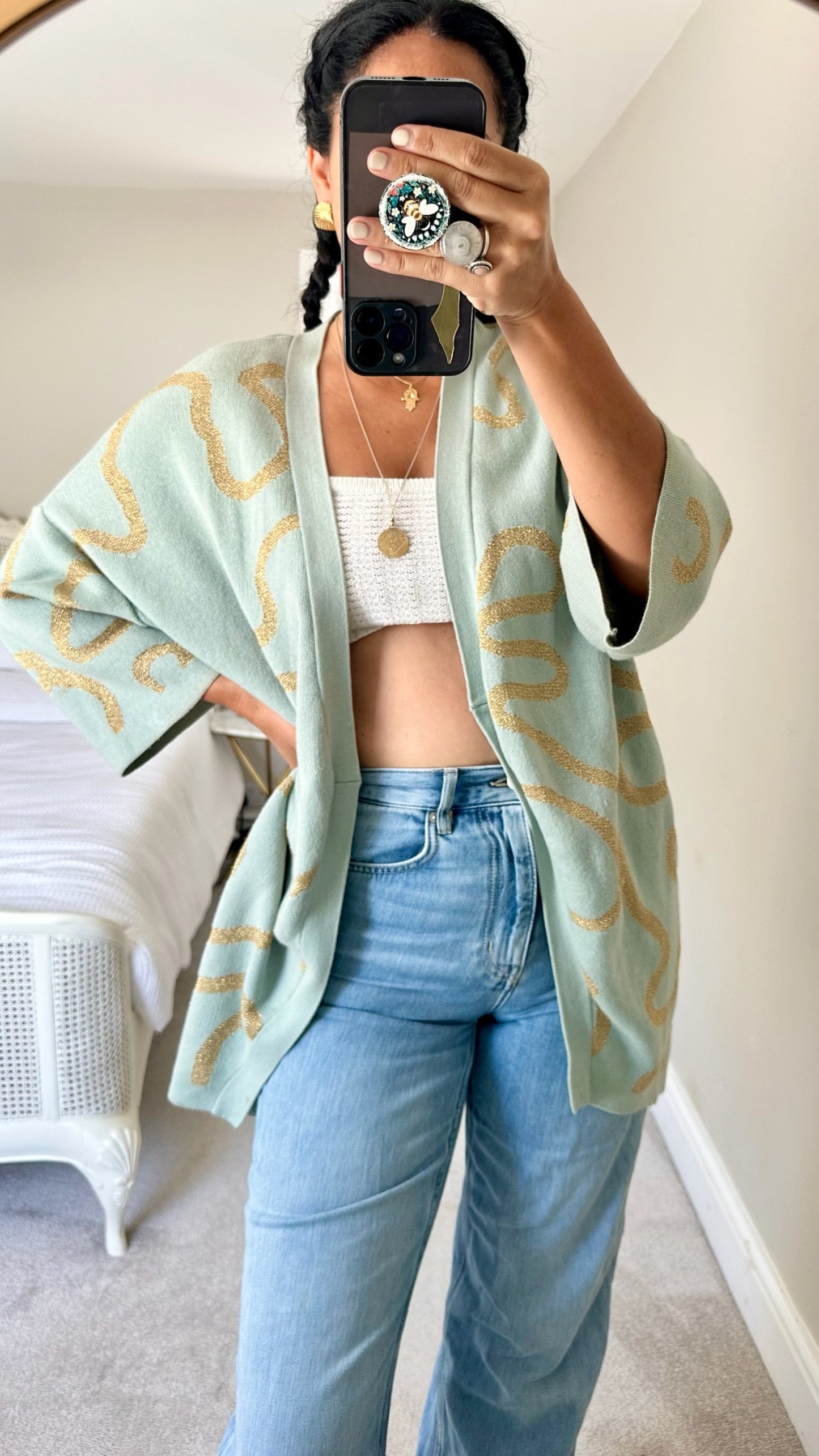 Selected Femme @ Anthropologie turquoise gold squiggle cardigan one size vgc
