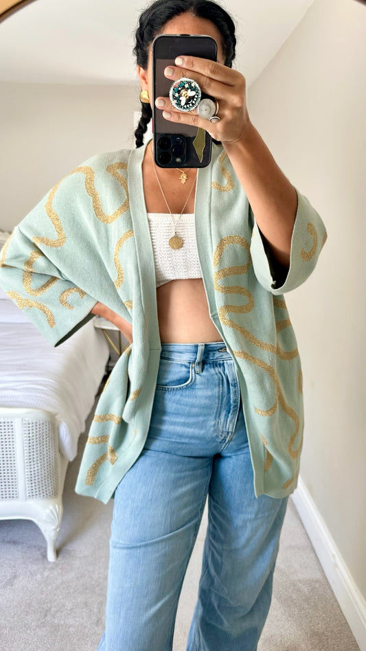 Selected Femme @ Anthropologie turquoise gold squiggle cardigan one size vgc