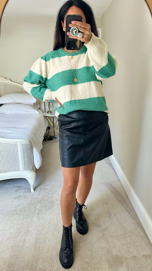 ICHI emerald green cream stripe knitted jumper extra large UK 14 vgc w25