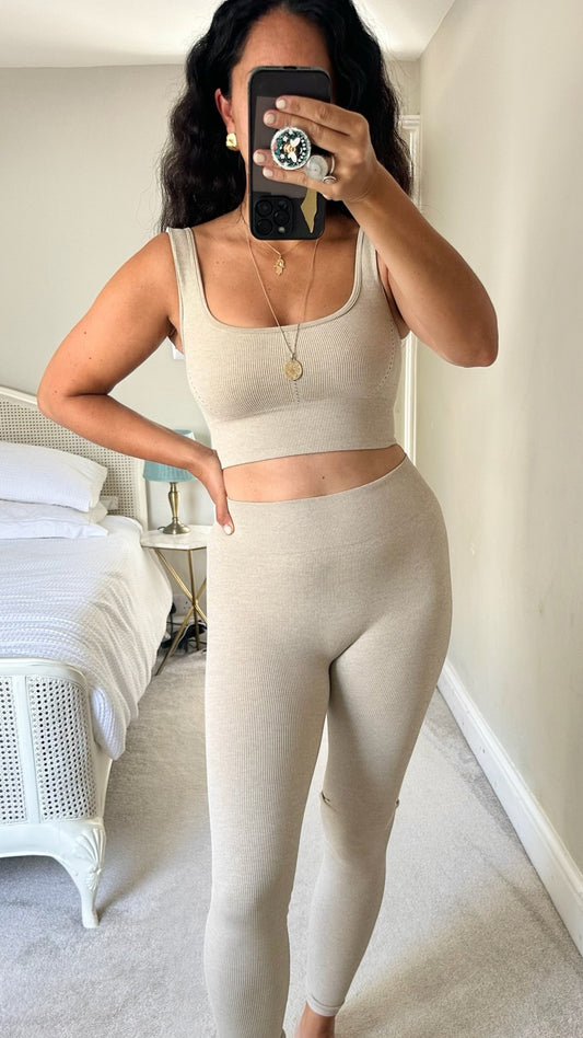 Arket oatmeal beige sports set bra leggings yoga set medium UK 10 vgc