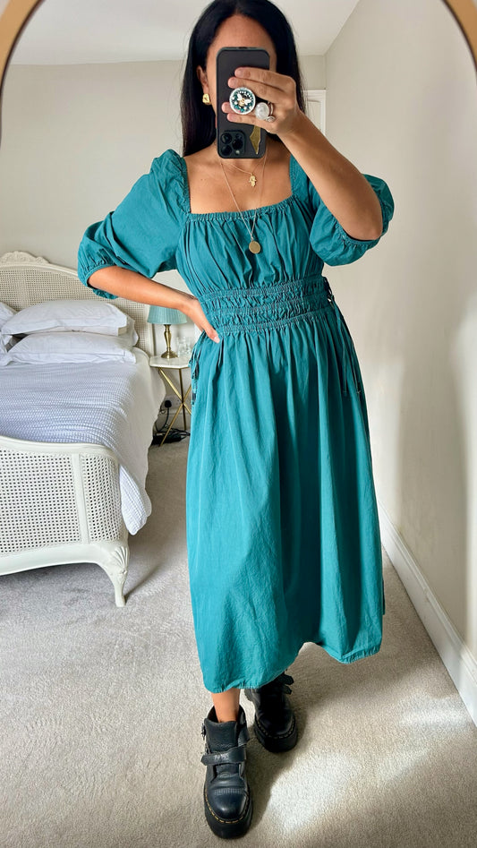 Nobody's child teal blue shirred bust long midi dress extra large UK 14 vgc w25