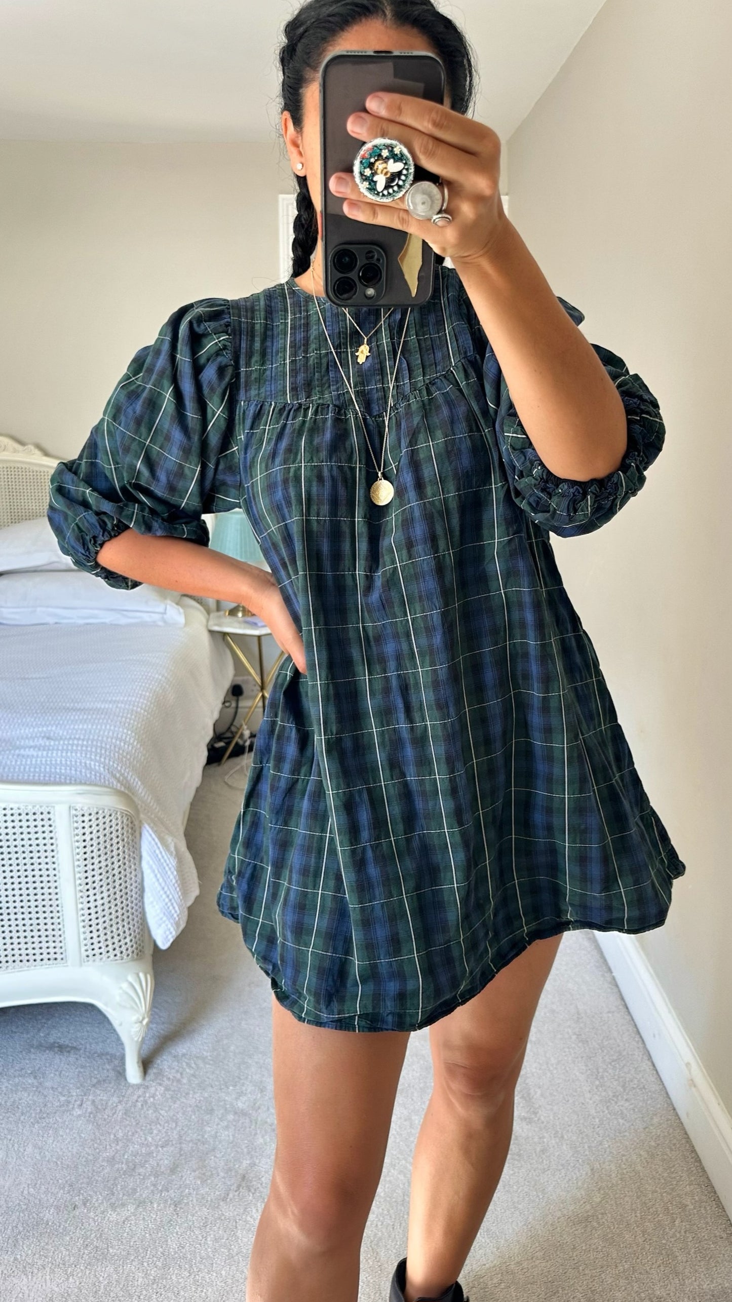 & other stories navy blue green gingham check mini dress petite medium UK 10-12 vgc w25